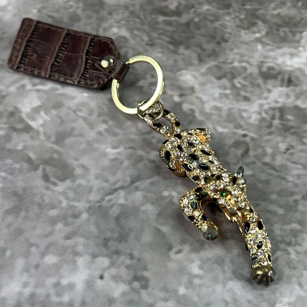 VTG Panther Leopard Keychain Clasp Gold Tone Crystal Rhinestones Enamel